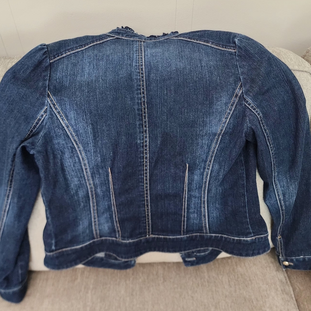 White House Black Market Denim fringe collar fitted jacket